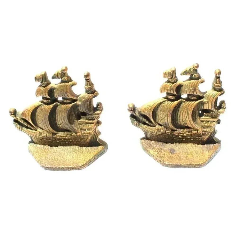Vtg Pair MCM Cast Metal Sailing Ship Bookends Bronze Room Office Decor Nautical
